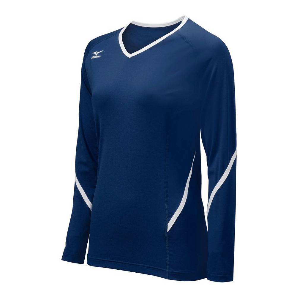 Camisas Mizuno Voleibol Techno Generation Long Sleeve - Mulher - Azul Marinho/Branco - AXLDT7820